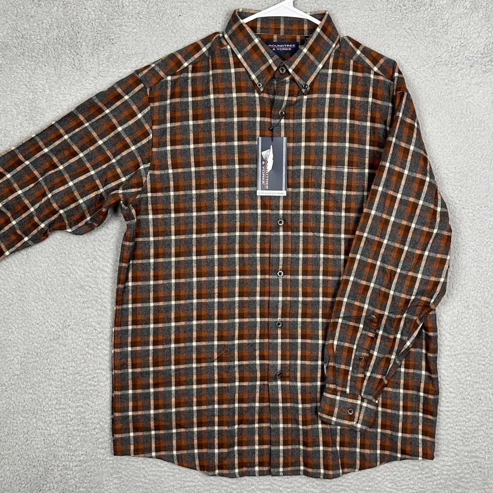 NEW Roundtree Yorke Shirt Mens Large Portuguese Flannel Brown Plaid Button Down